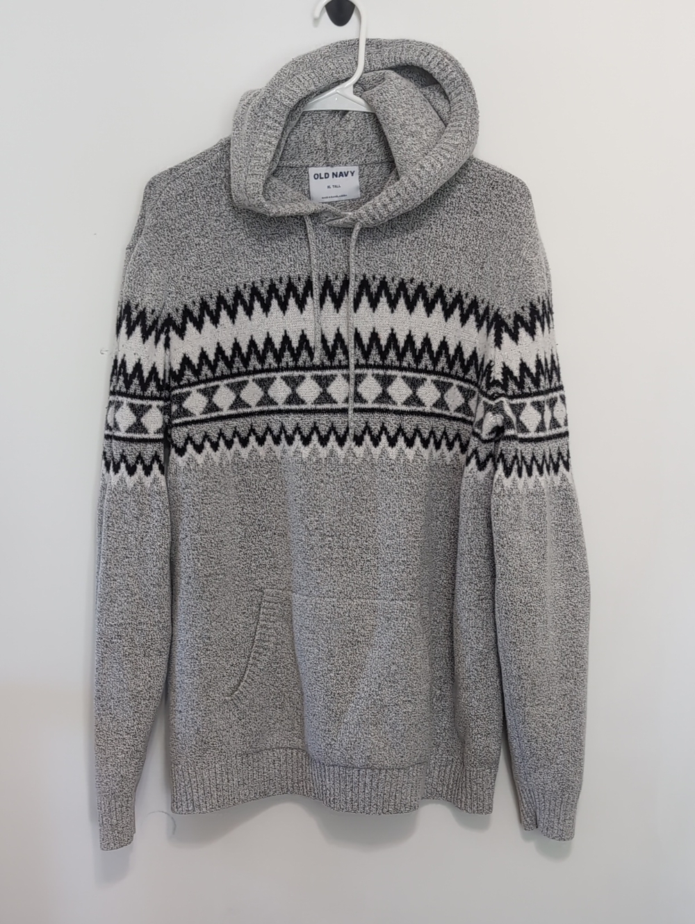 Old Navy Grey Fair Isle Knit Pullover Hooded Sweater Size Xl Tall - Picture 1 of 5